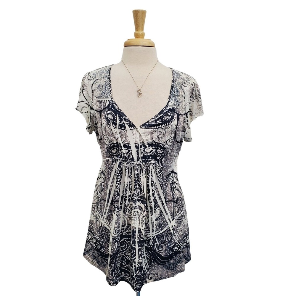 One World Womens XL Black White Abstract Embellished Ruffle Sleeve Tunic Top